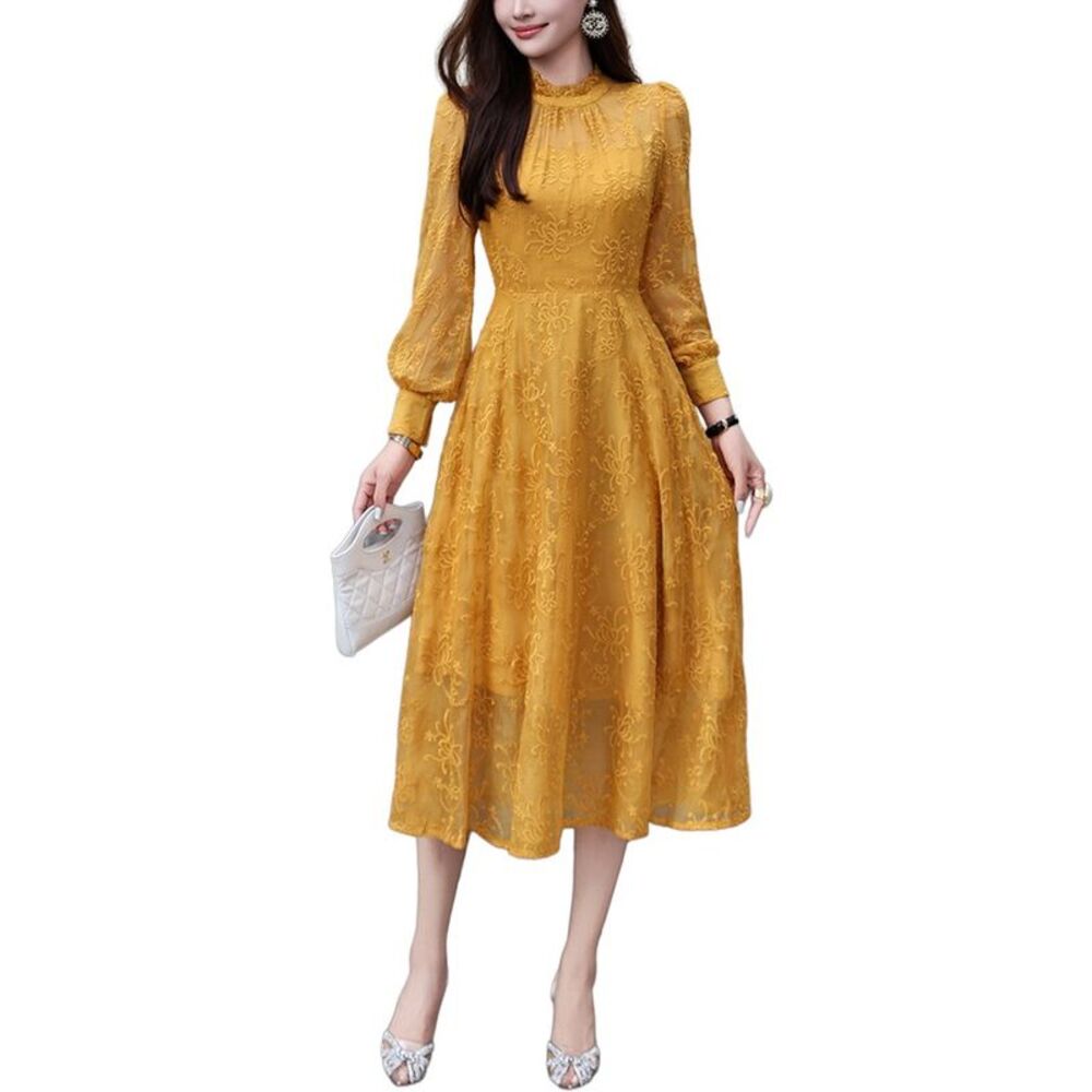 Burryco Womens  Yellow Solid Midi Dress, Yellow